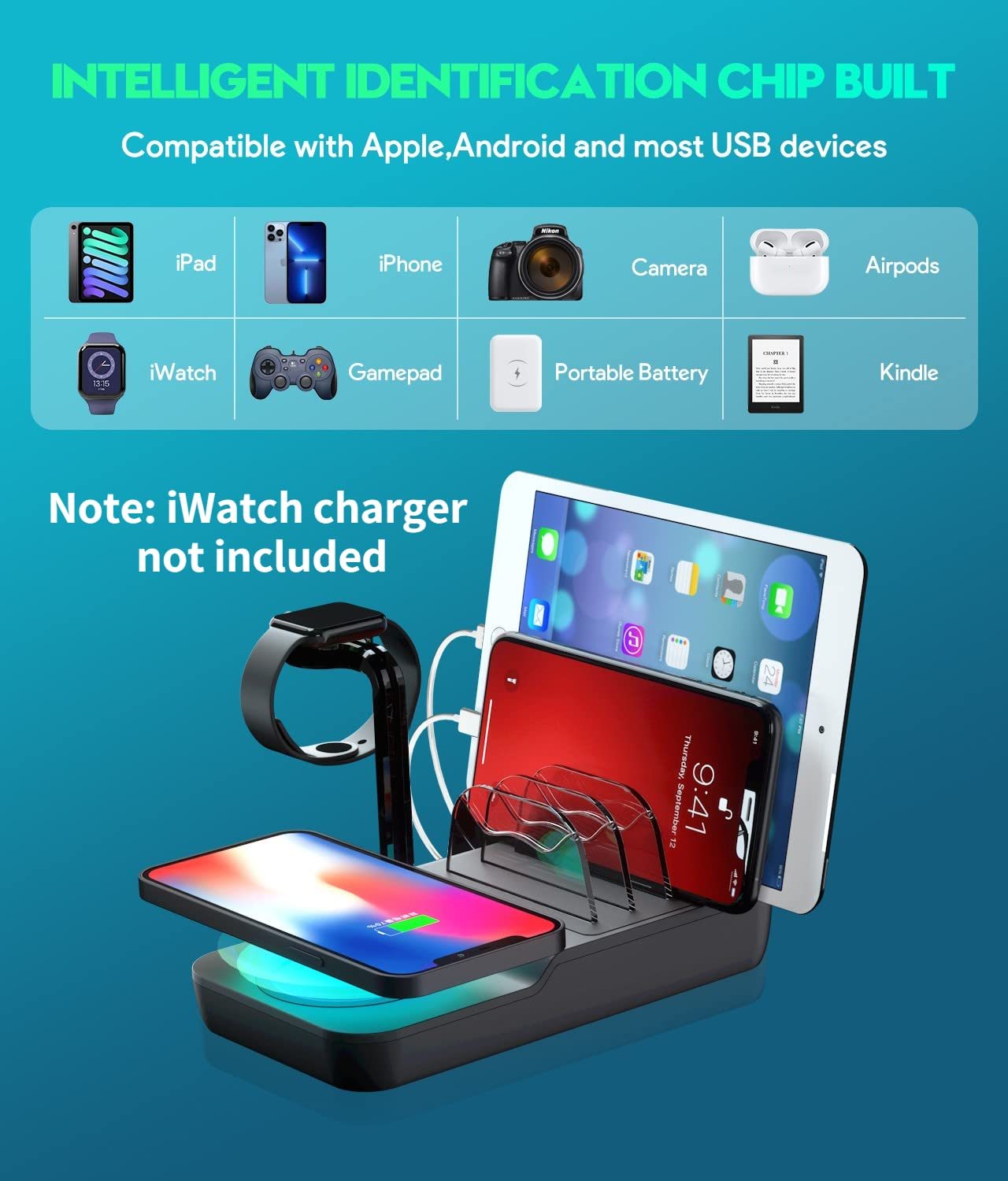 70W Charging Station For Multiple Devices, 5 In 1 Fast Charging Dock With 10W Max Wireless Charger And 4 Ports , 30W USB C PD Fast Charging For IPad, IPhone,Tablets,Kindle - Zambeel