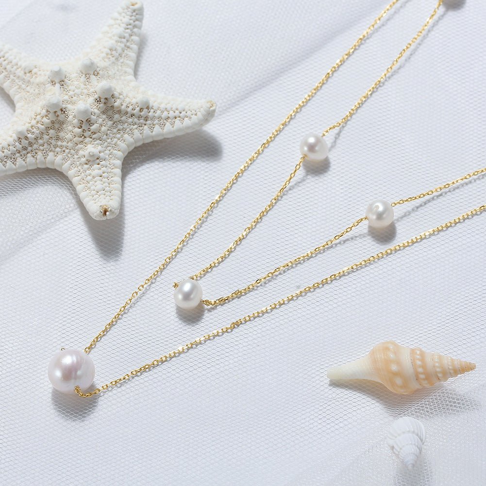 925 Sterling Silver Double - layer Necklace Baroque Pearl Pendant Special - interest Design - Zambeel