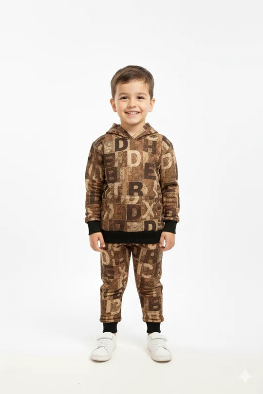 Abstract Brown Patchwork Kids Winter Tracksuit