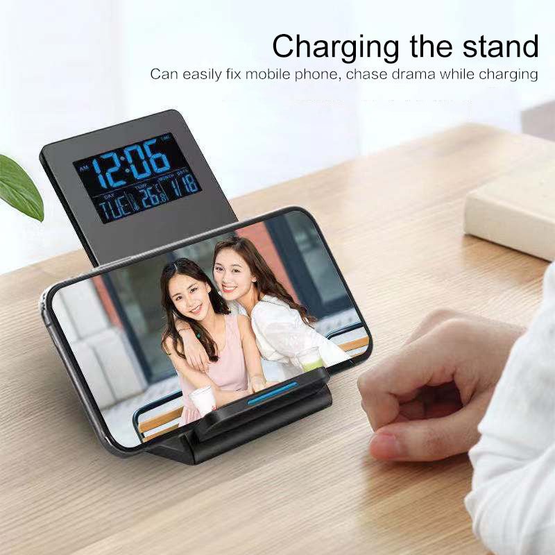 Alarm Clock Wireless Charger Mobile Phone Holder Perpetual Calendar Temperature Bedside Desktop - Zambeel