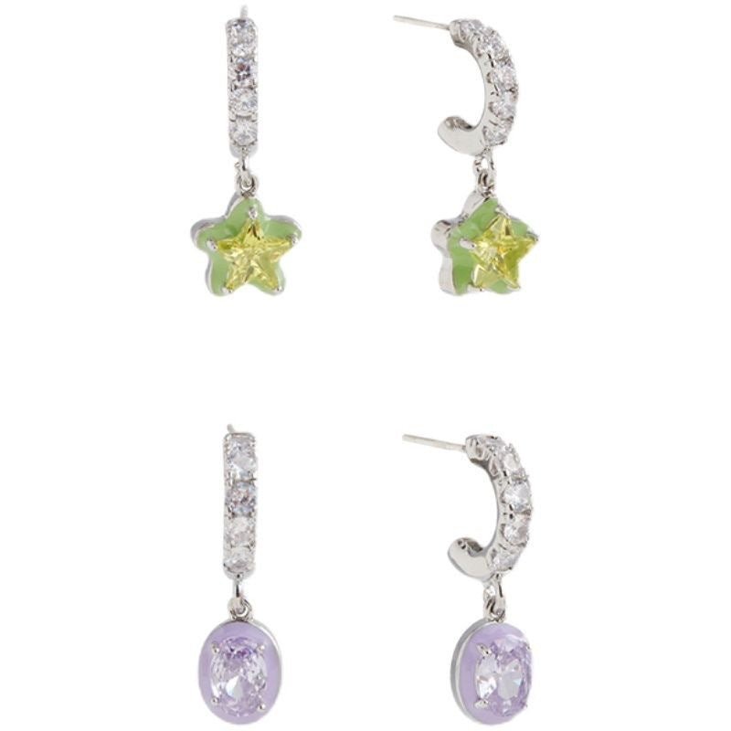 Asymmetric Green Star Ear Studs Women's Diamond - Zambeel