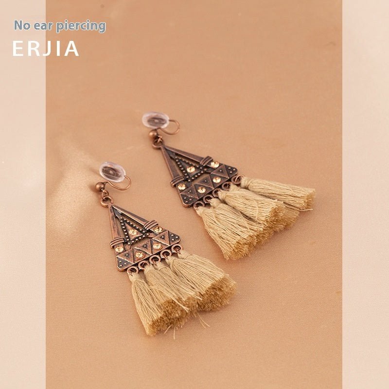 Bohemian Triangle Metal Khaki Rope Tassel Ethnic Style Tassel Earrings - Zambeel
