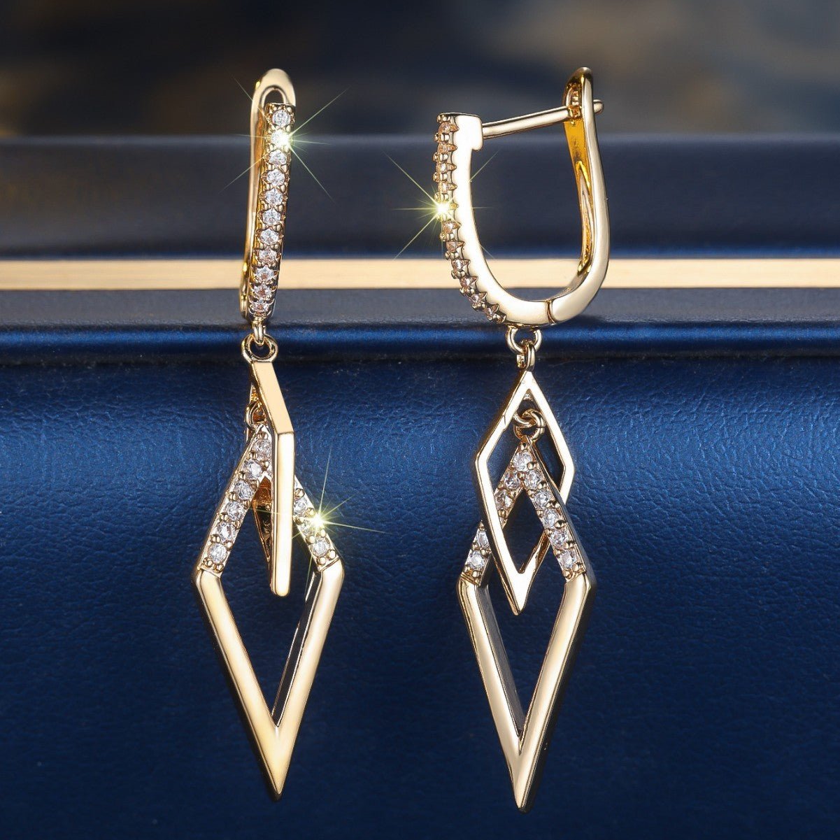 Champagne Gold White Diamond Rhombus Earrings - Zambeel