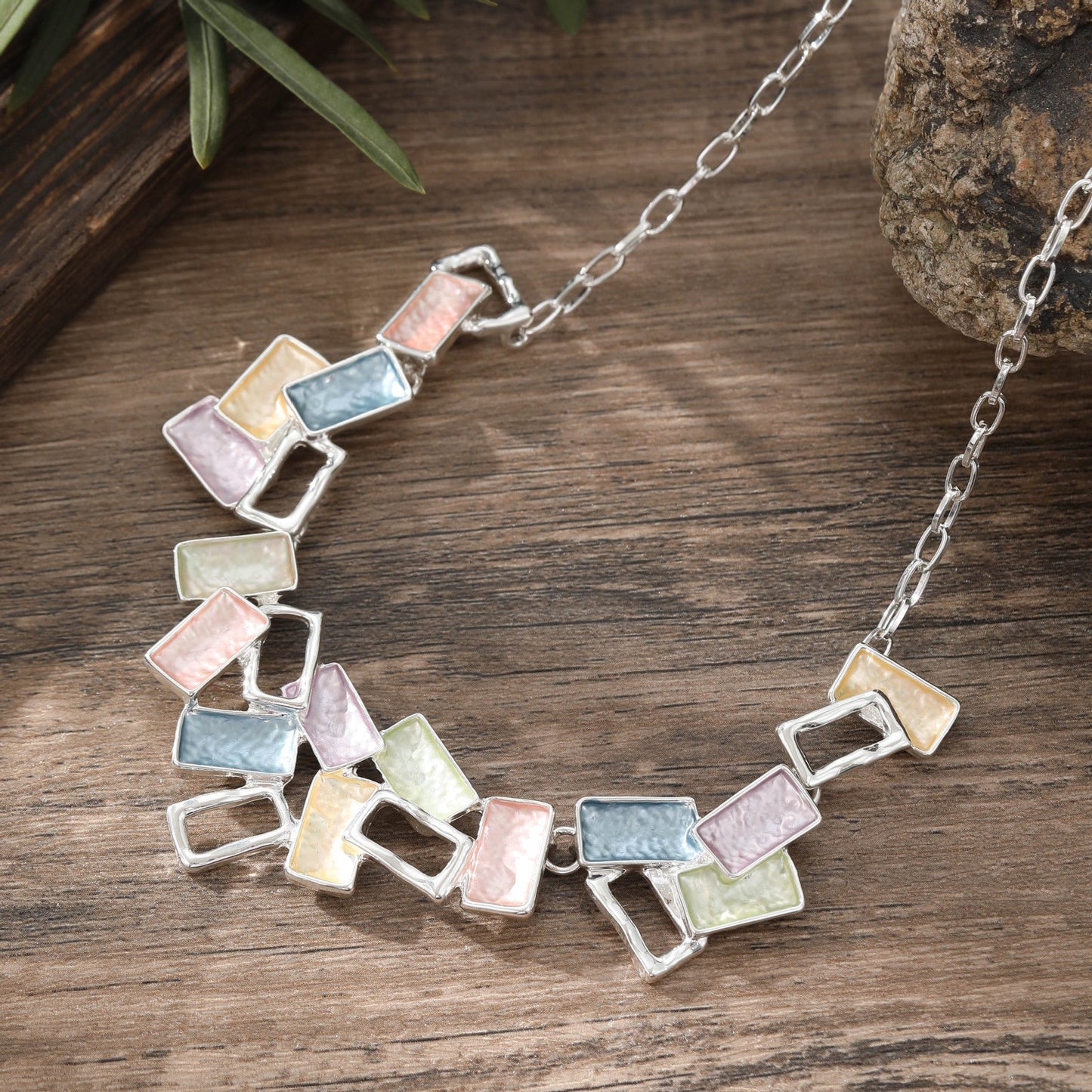 Colorful Painting Oil Geometric Hollow Square Necklace Creative - Zambeel