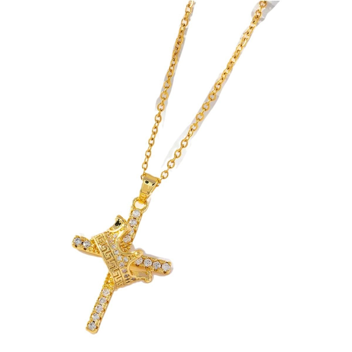 Crown Cross Clavicle Chain 18K Gold Zircon Pendant Necklace - Zambeel