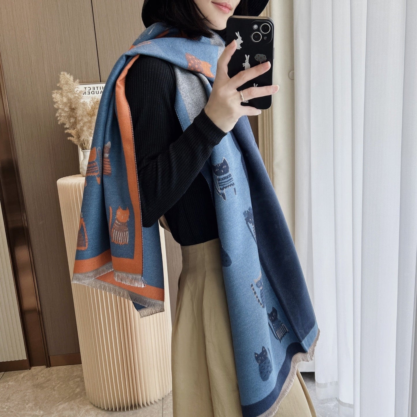 Cute Kitten Plaid Contrast Color Cashmere Shawl Scarf - Zambeel