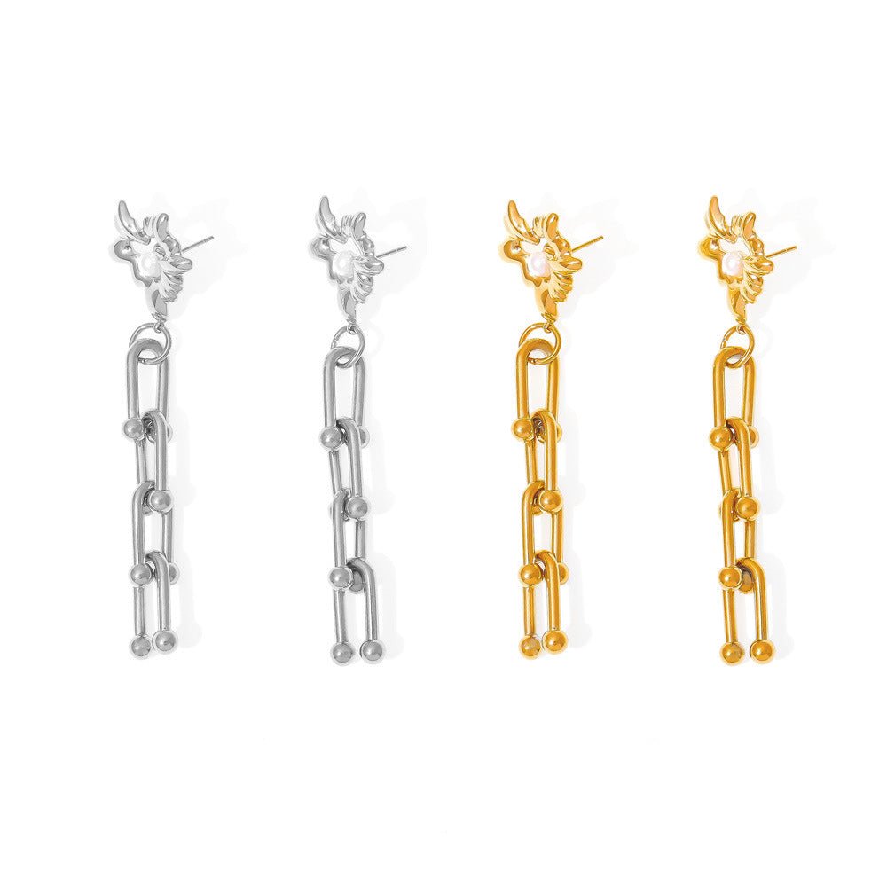 European And American Chic Style Love Imitation Pearl Vachette Clasp U - shaped Chain Stud Earrings - Zambeel