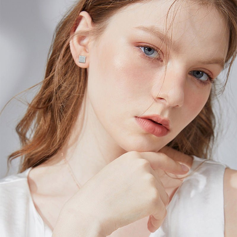 European And American Men's And Women's Pure Silver Square Earrings - Zambeel