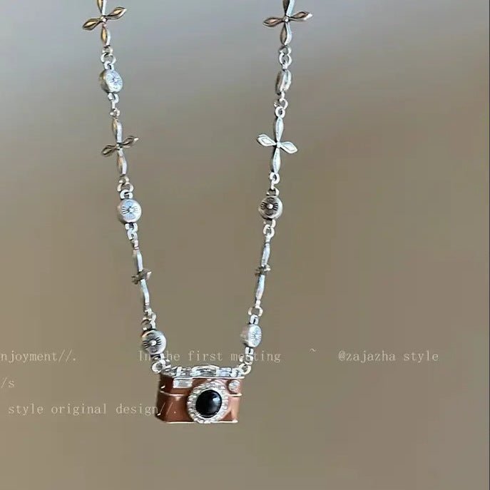 Fashion Retro Coffee Color Camera Necklace Asymmetric - Zambeel
