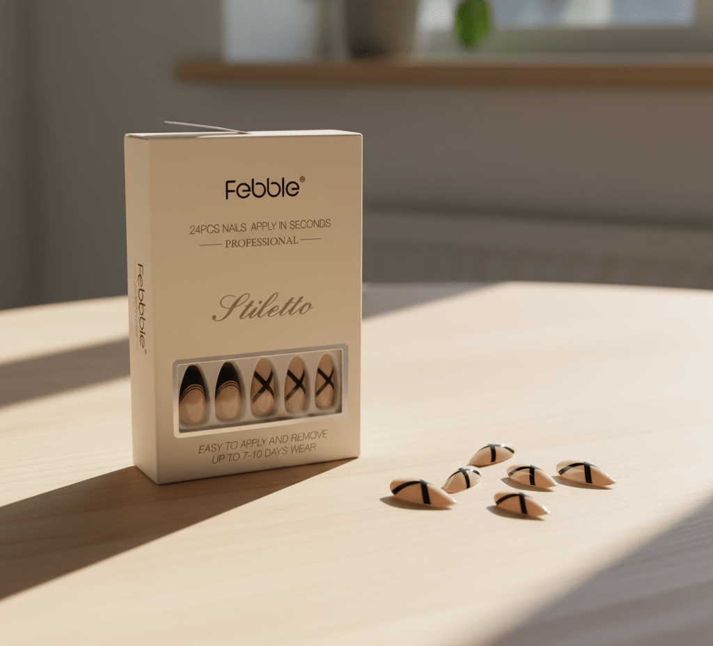 Febble - Stiletto Nude Black Cross Press - On Nails (Original) - Zambeel