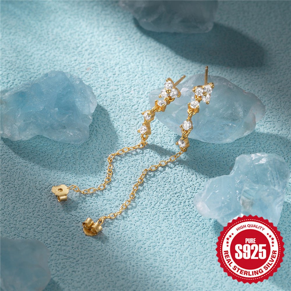 Female Pure Silver Chain Connected Diamond Studded Earrings - Zambeel