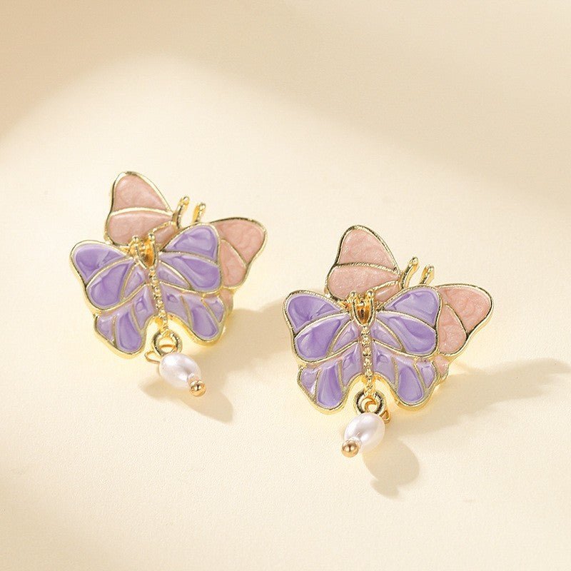 French Butterfly Oil Drop Pink Fashionable Retro Hong Kong Style Earrings For Women, Gentle And Super Fairy Pearl Personality Earrings - Zambeel