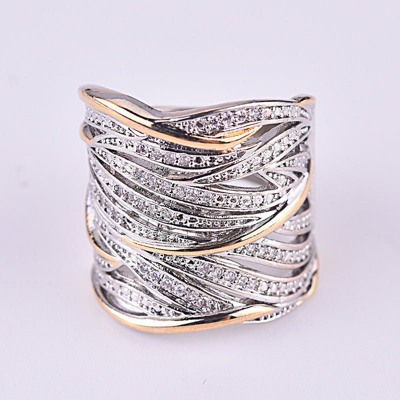 Full Rhinestone Zircon Winding Multi - layer Gold Two - tone Ring - Zambeel