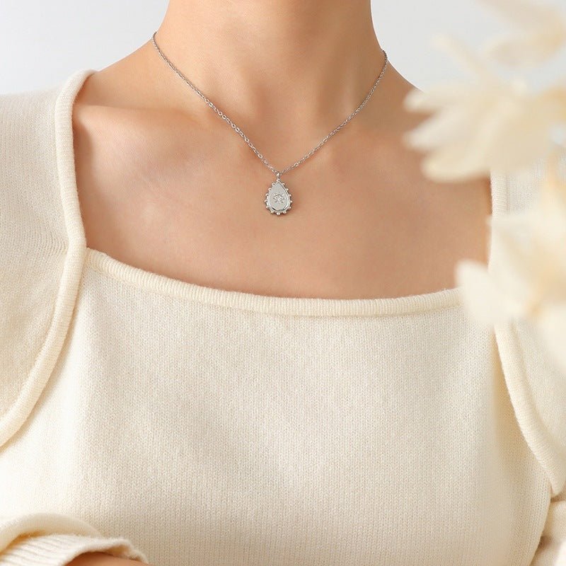 Geometric Single Diamond Zircon Inlaid Water Drop Pendant Titanium Steel Plated Necklace - Zambeel