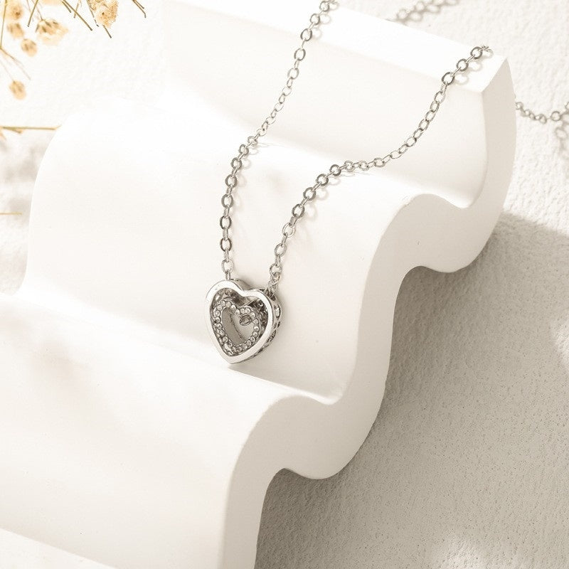 Japanese And Korean Minimalist Double Heart Necklace, Fashionable And Versatile, Full Diamond Hollow Crystal Double Heart Pendant, Collarbone Chain - Zambeel