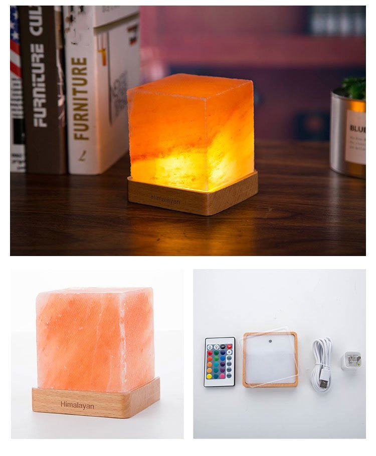 LED Square Wooden Base Crystal Salt Lamp - Zambeel