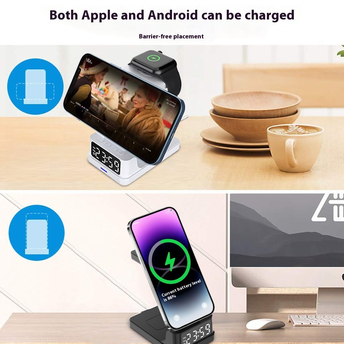 Magnetic Three - in - one 15W Wireless Charger With Clock - Zambeel