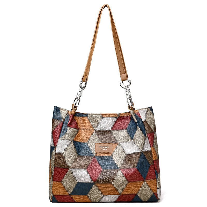Retro Geometric Pattern Color - matching Shoulder Bag Fashion Large Capacity Stitching Handbag For Women Totes - Zambeel