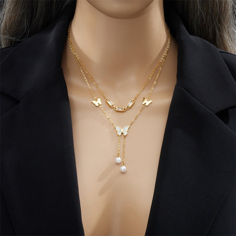 Retro Women's Butterfly Tassel Double - layer Necklace - Zambeel