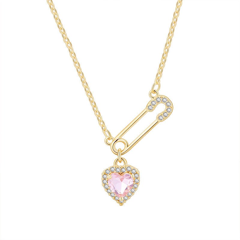Rhinestone Heart - shaped Pin Necklace Special - interest Design Exquisite High - grade Light Luxury Clavicle Chain - Zambeel