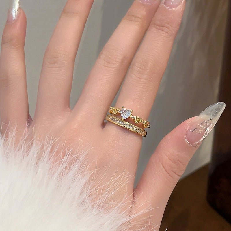 Rhinestone Loving Heart Zircon Ring Female Dual Layer Open - end - Zambeel
