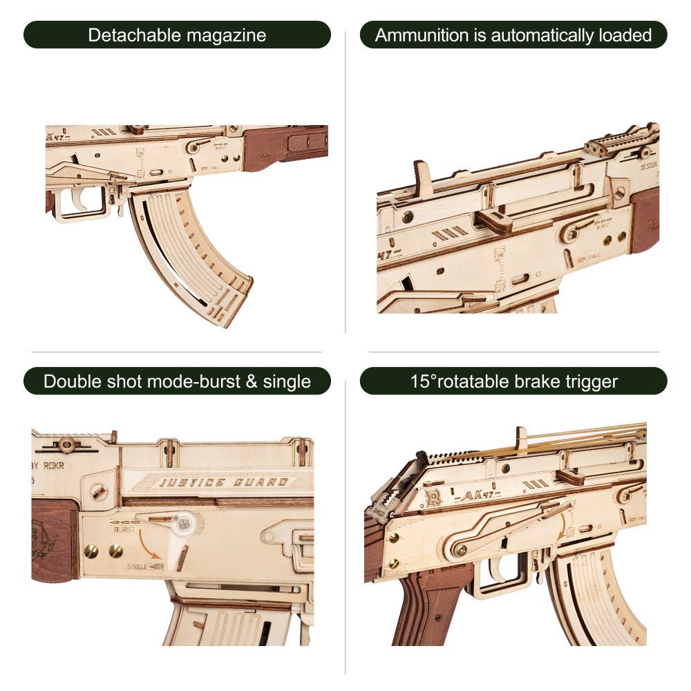 Robotime Rokr Automatic Rifle AK - 47 3D Wooden Assembly Gun Double Firing Modes Funny DIY Toys For Kids Adults Justice Guar LQ901 - Zambeel