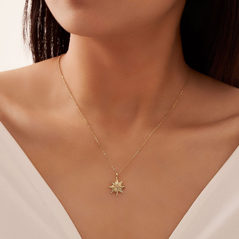 S925 Sterling Silver Hammered Star Pendant Necklace 14K Gold Plated Chain - Zambeel