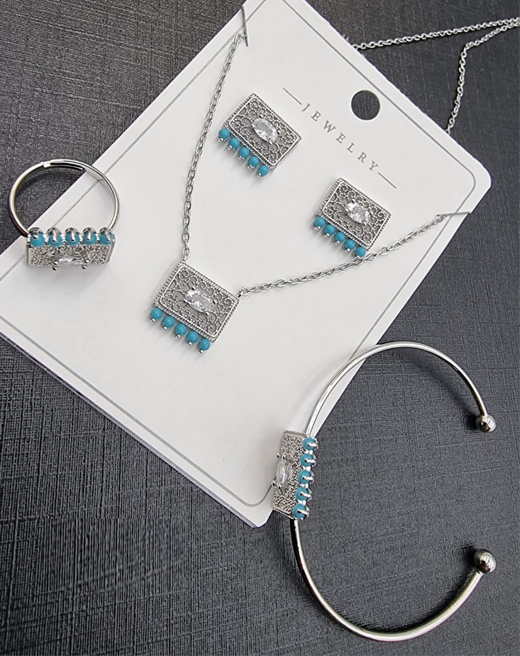 Silver Rectangle Crystal & Pearl Jewelry Set - Zambeel