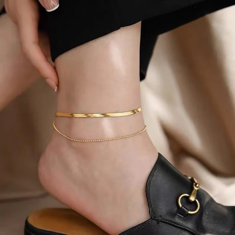 Simple Snake Bones Chain Double - circle Anklet Niche Round Beads Chain Like Flat Snake - Zambeel