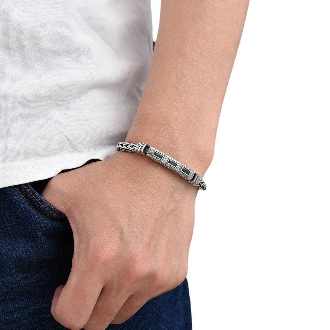 Sterling Silver Hand - woven Inlaid Zircon Hemp Rope Bracelet - Zambeel