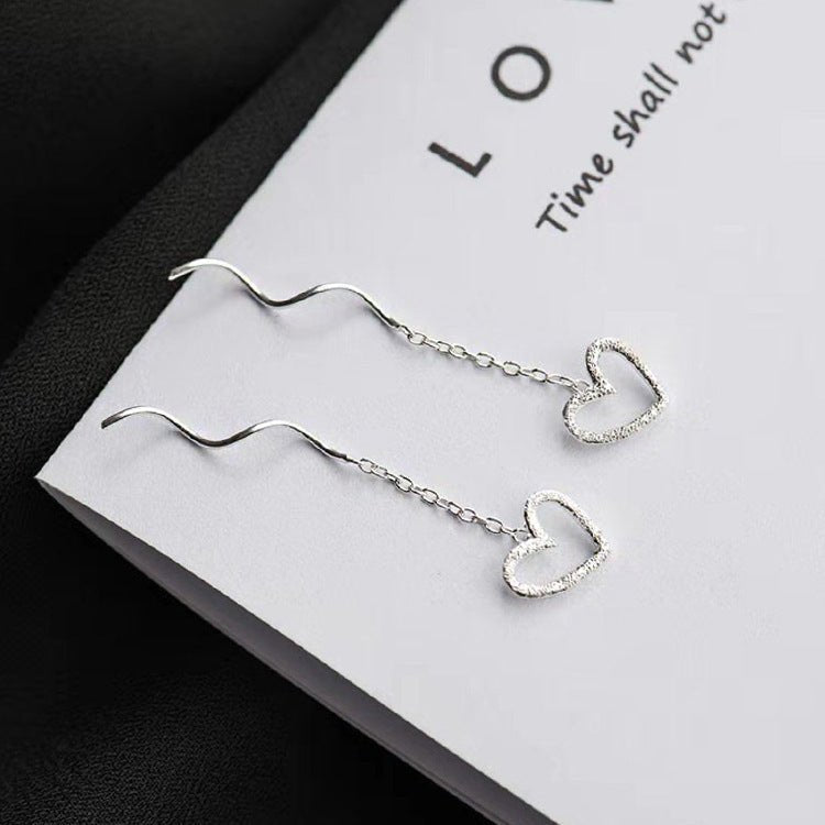 Sterling Silver Hollow Heart Wavy Ear Threads Female Niche Design - Zambeel