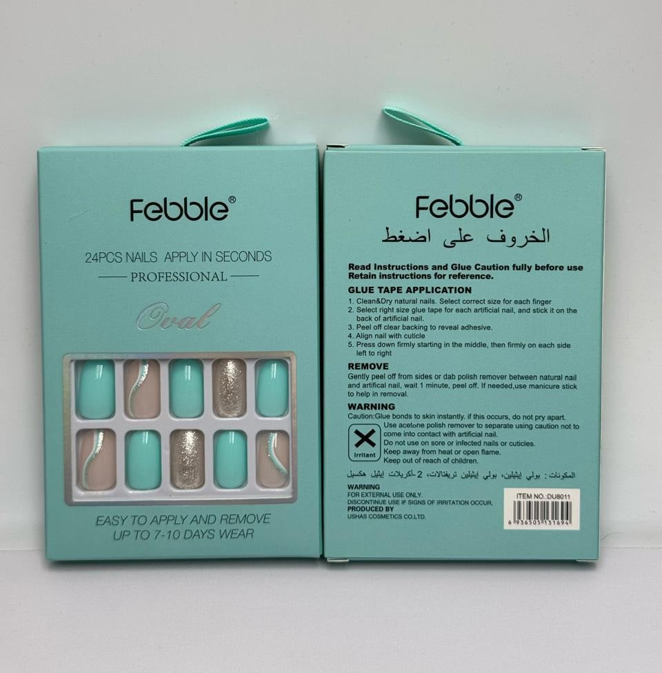 Febble - Oval Mint & Silver Glitter Press-On Nails (Original)
