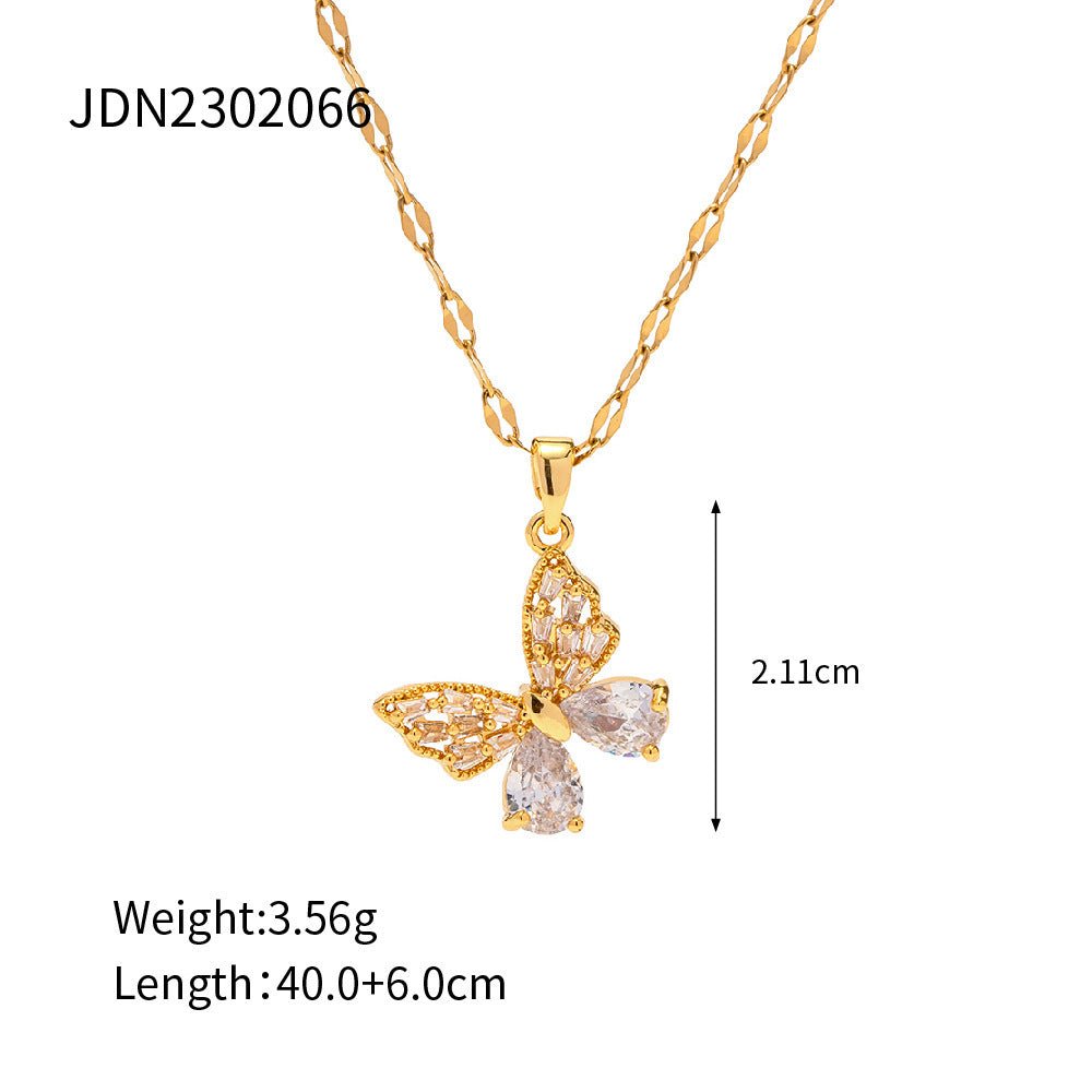 18K Gold Stainless Steel Inlaid White Zircon Butterfly Pendant Necklace - Zambeel
