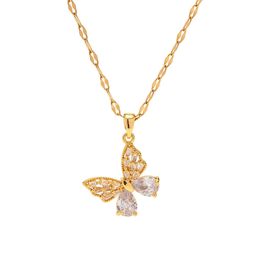 18K Gold Stainless Steel Inlaid White Zircon Butterfly Pendant Necklace - Zambeel