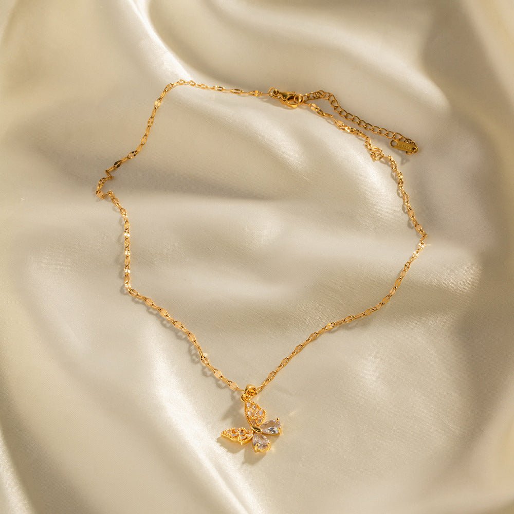 18K Gold Stainless Steel Inlaid White Zircon Butterfly Pendant Necklace - Zambeel