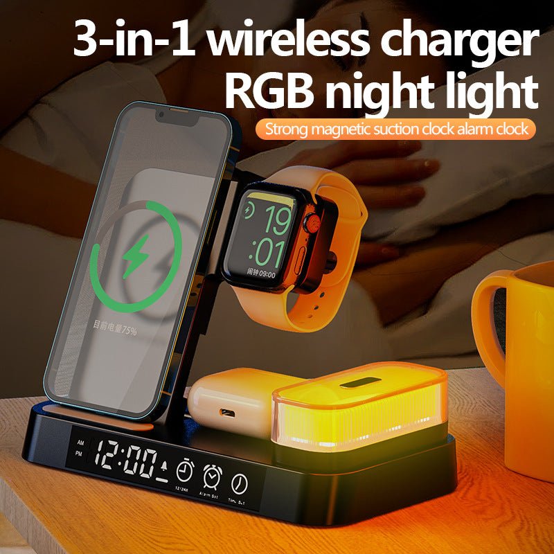 4 In 1 Multifunction Wireless Charger Station With Alarm Clock Display Foldable Wireless Charger Stand With RGB Night Light - Zambeel