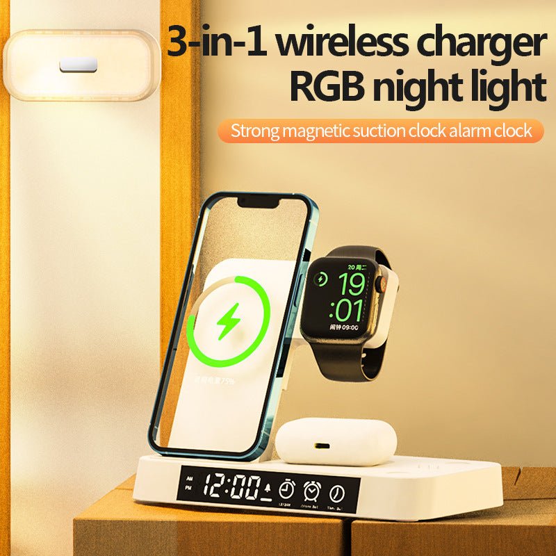 4 In 1 Multifunction Wireless Charger Station With Alarm Clock Display Foldable Wireless Charger Stand With RGB Night Light - Zambeel