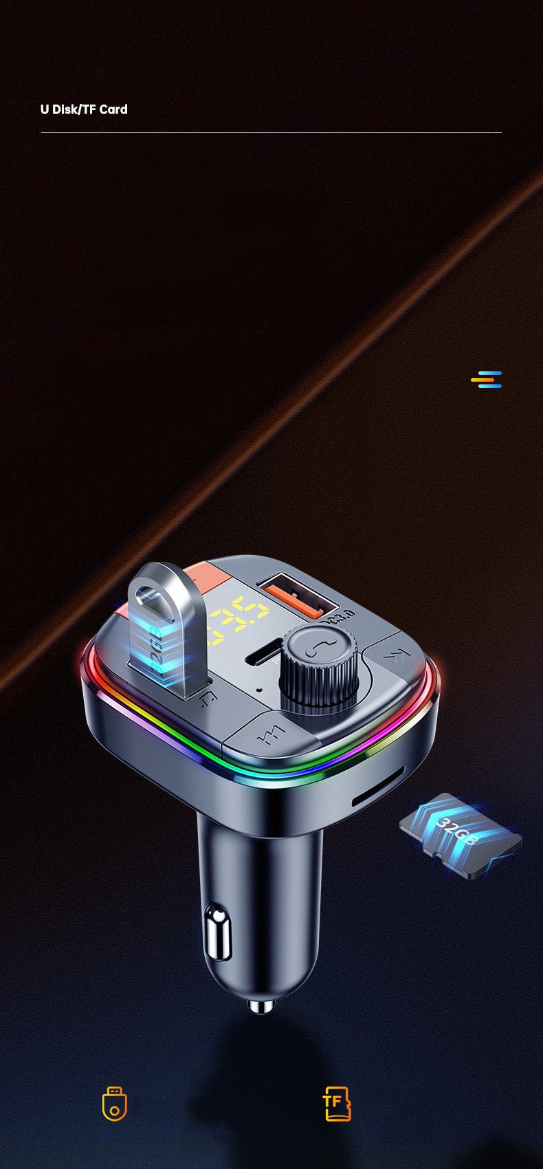 832 Car Mp3 Player Colorful Atmosphere Breathing Light Hands - Free Car Bluetooth Qc3.0 Car Charger - Zambeel