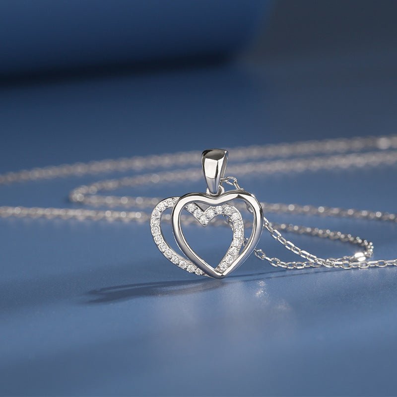 925 Sterling Silver Double Heart - shaped Necklace For Women Summer - Zambeel