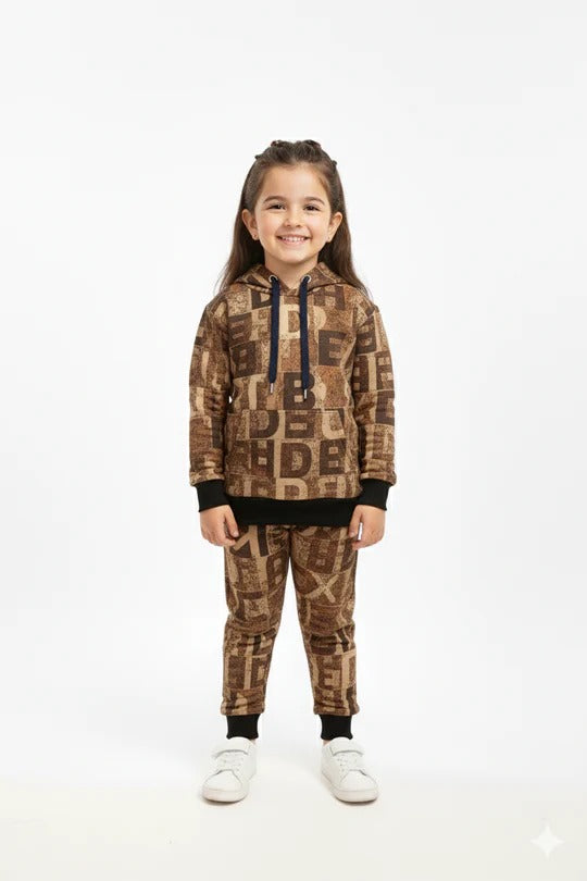 Abstract Brown Patchwork Kids Winter Tracksuit