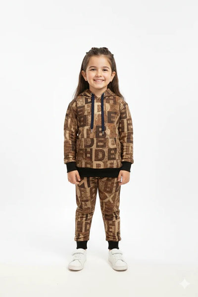 Abstract Brown Patchwork Kids Winter Tracksuit
