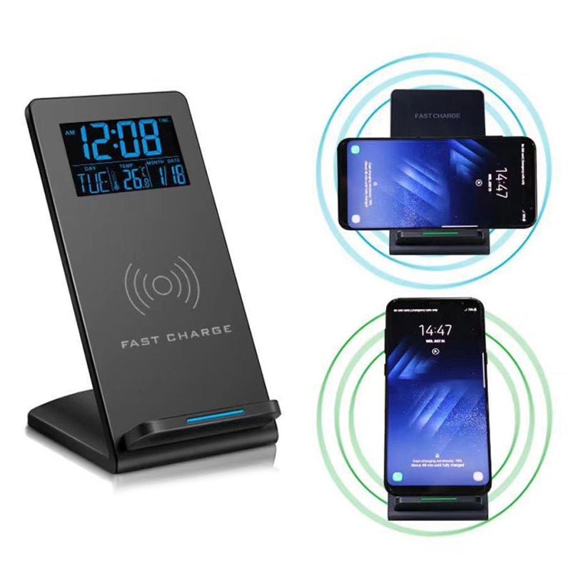Alarm Clock Wireless Charger Mobile Phone Holder Perpetual Calendar Temperature Bedside Desktop - Zambeel