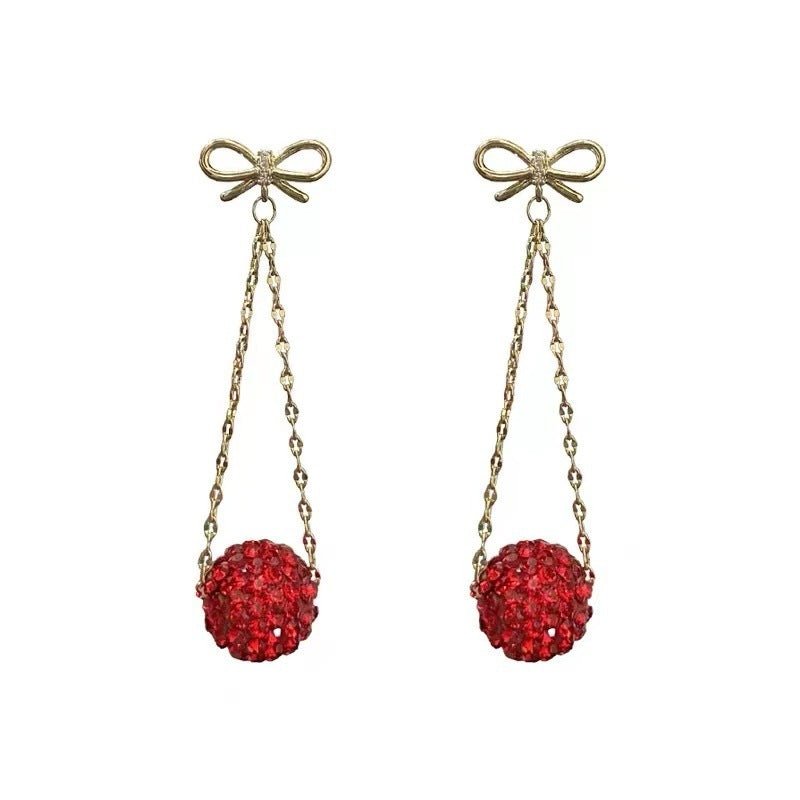 Autumn And Winter Golden Bow With Red Rhinestone Fashion Simple Eardrops - Zambeel