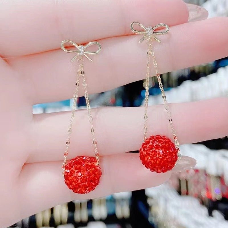 Autumn And Winter Golden Bow With Red Rhinestone Fashion Simple Eardrops - Zambeel