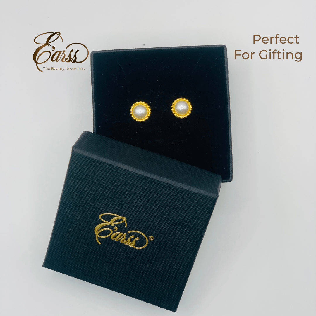 Beaded Border Pearl Gold Earring | Stainless Steel | 18K Gold Plated - Zambeel