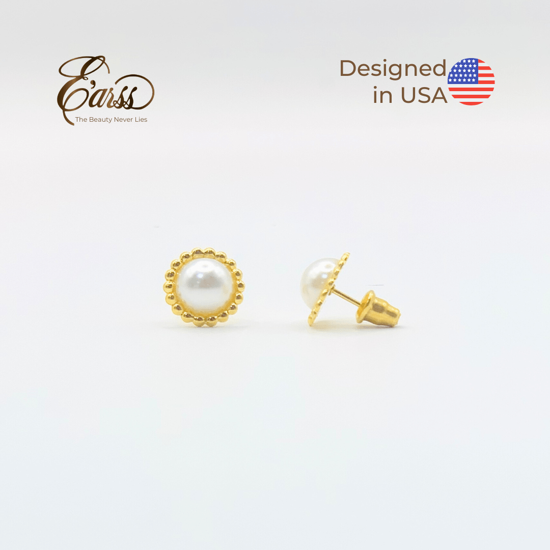 Beaded Border Pearl Gold Earring | Stainless Steel | 18K Gold Plated - Zambeel