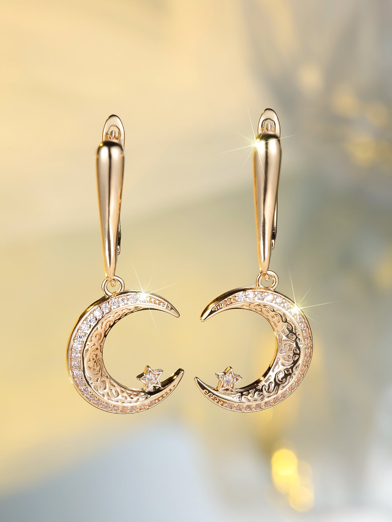 Champagne Gold Star And Moon Earrings Design Sense - Zambeel