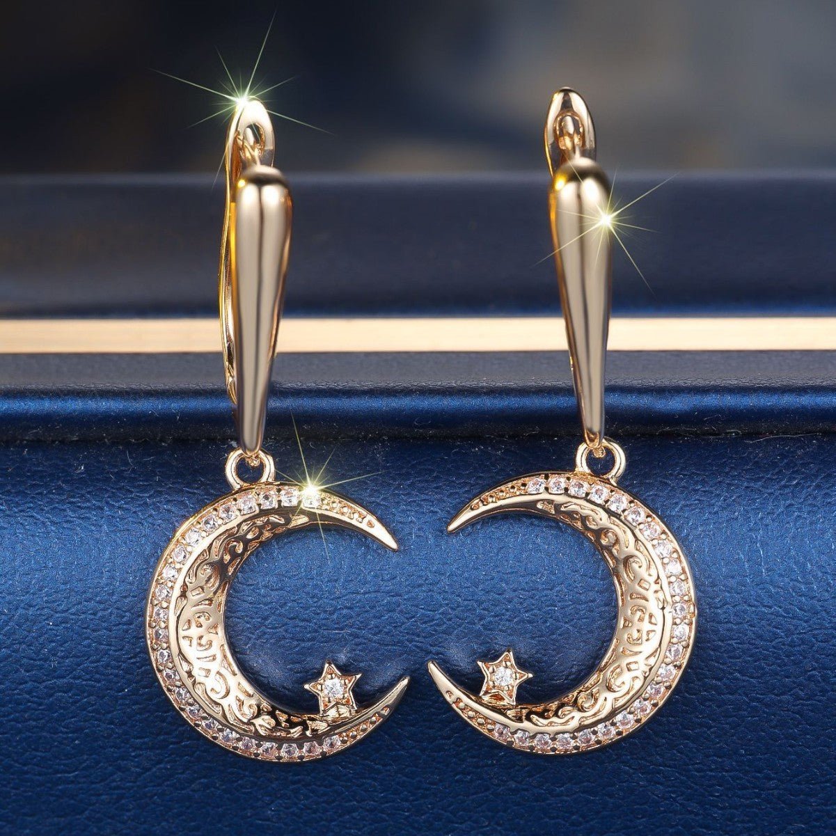 Champagne Gold Star And Moon Earrings Design Sense - Zambeel