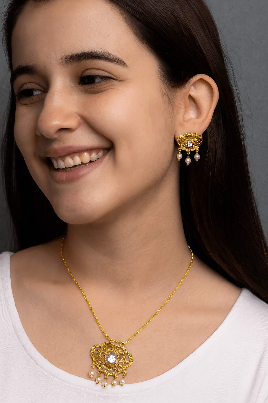 Classic Pearl Drop Filigree Necklace Set - Zambeel