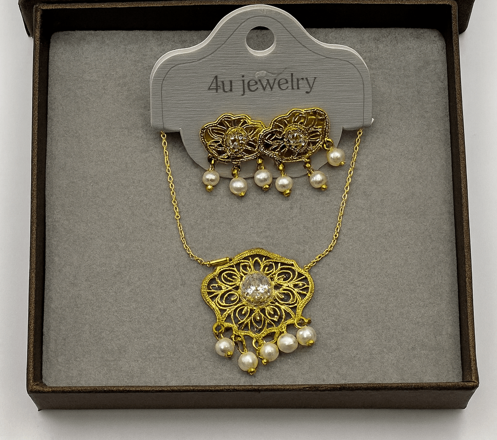 Classic Pearl Drop Filigree Necklace Set - Zambeel